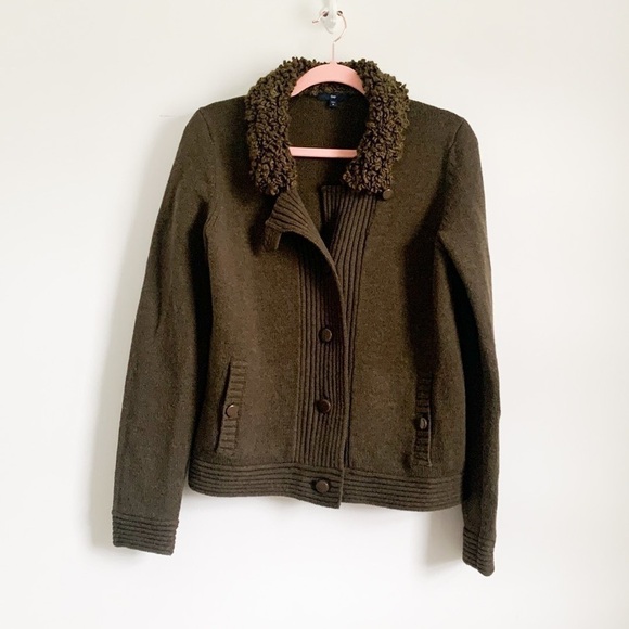 Gap Fuzzy Collar Moto Style Cardigan Sweater Army Green Medium 100% Wool - Picture 1 of 12
